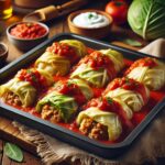 Pan of baked cabbage rolls filled with a mixture of beef and rice, topped with tomato soup sauce, served in a cozy kitchen setting with a dollop of sour cream on the side. The rolls are golden and placed on a rustic wooden countertop with fresh ingredients in the background.