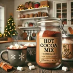 Jar of homemade hot cocoa mix labeled 'Hot Cocoa Mix' with steaming mugs of hot chocolate topped with marshmallows, set in a cozy kitchen with holiday decor in the background.