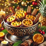 A festive Christmas Wassail Bowl filled with warm, spiced apple cider, topped with baked oranges studded with cloves, floating pineapple rings, and cinnamon sticks used as stirrers. The bowl is surrounded by holiday decorations, evoking a cozy Christmas ambiance.